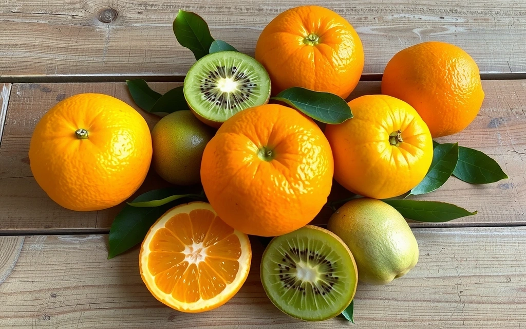 Φρέσκα πορτοκάλια και ακτινίδια, πλούσια σε βιταμίνη C, τοποθετημένα σε ξύλινο τραπέζι με φυσικό φως.