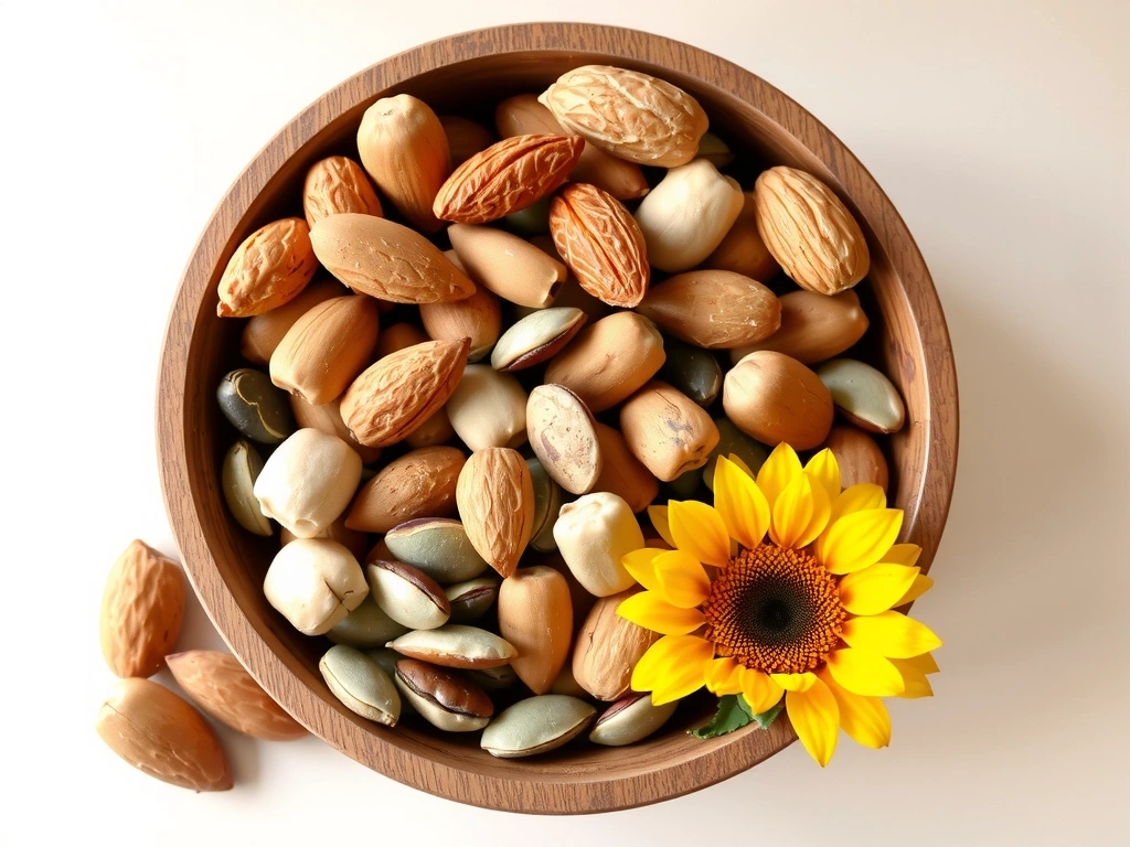 Ποικιλία ξηρών καρπών και σπόρων, πλούσιων σε βιταμίνη Ε, όπως αμύγδαλα, φουντούκια, ηλιόσποροι και κολοκυθόσποροι, σε ένα ξύλινο μπολ με ένα απαλό φόντο.