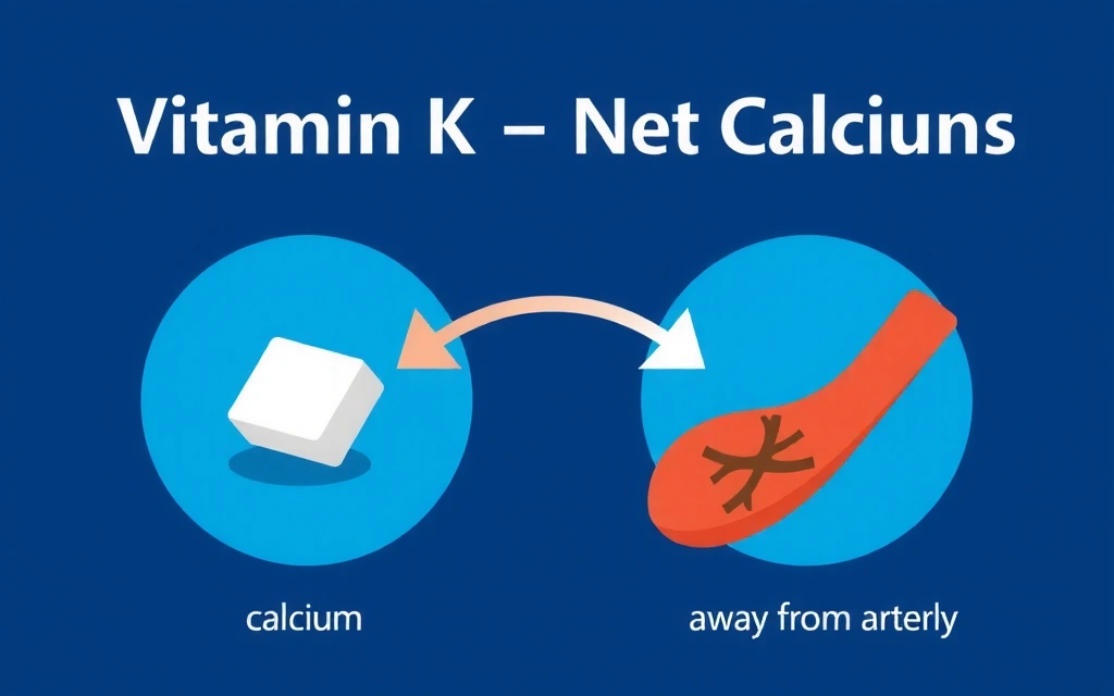 Ένα γραφικό που απεικονίζει την αλληλεπίδραση βιταμίνης K και ασβεστίου για την υγεία των οστών και των αγγείων.