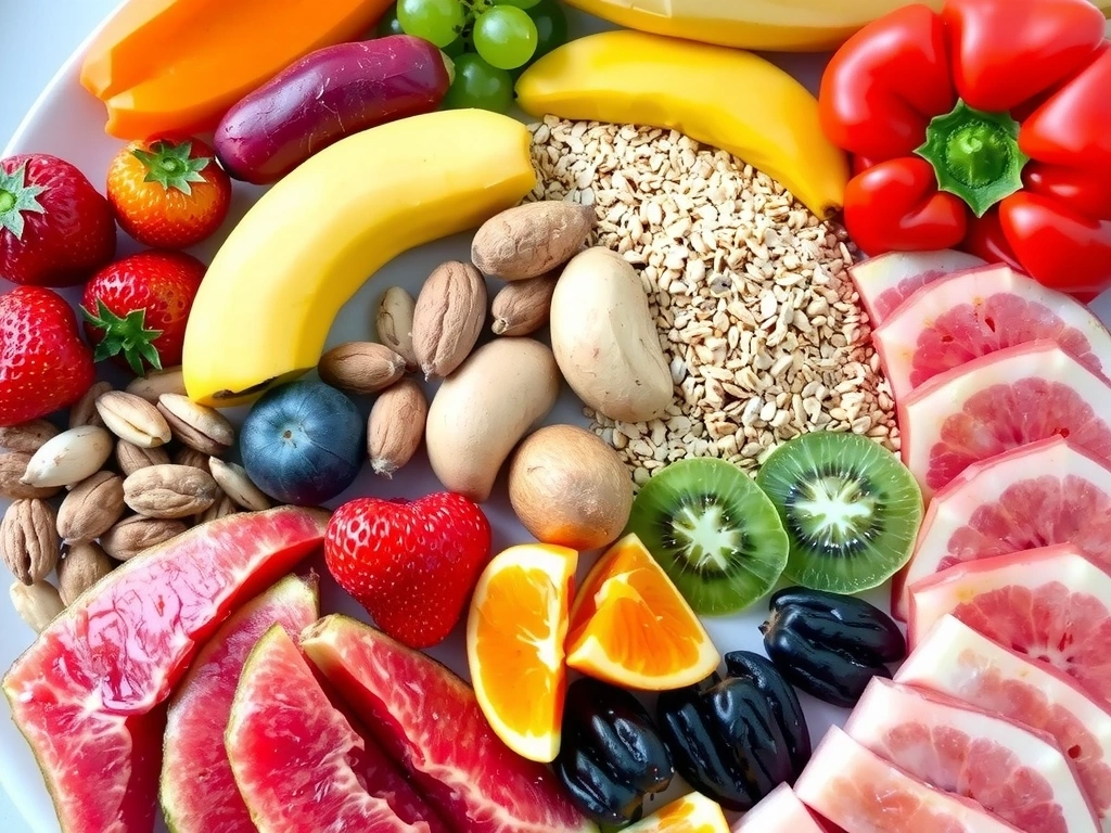 Μια πολύχρωμη πιατέλα γεμάτη με φρέσκα φρούτα, λαχανικά, ξηρούς καρπούς και δημητριακά, συμβολίζοντας μια ισορροπημένη και υγιεινή διατροφή. Κοντινή λήψη με φυσικό φως.
