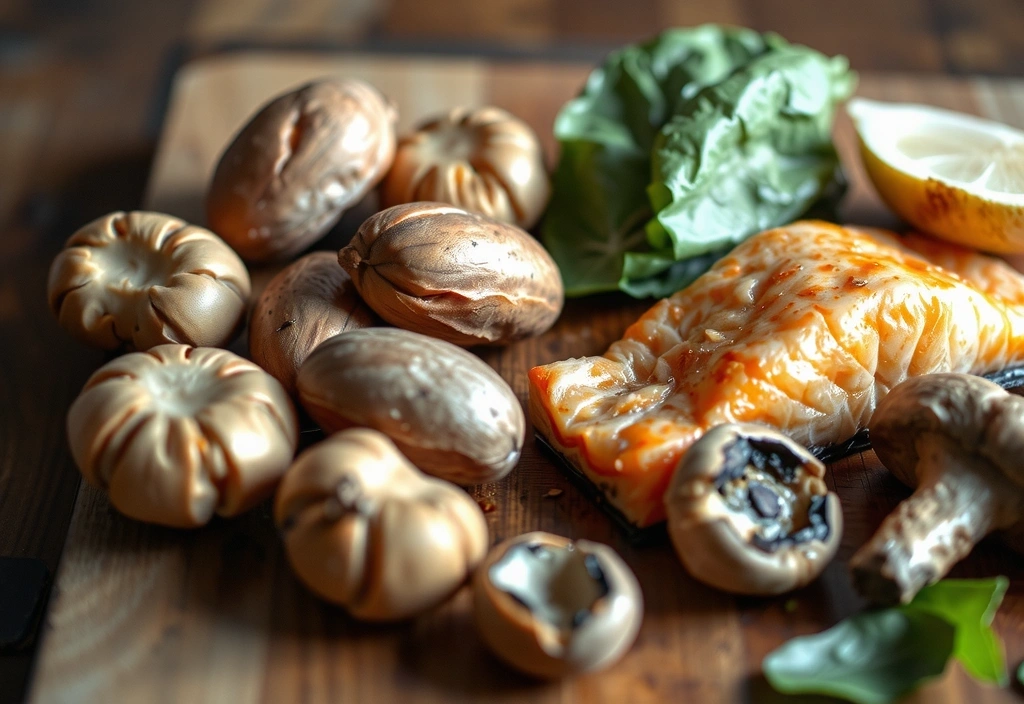 Εικόνα ξηρών καρπών και ψαριών, πλούσιων σε σελήνιο