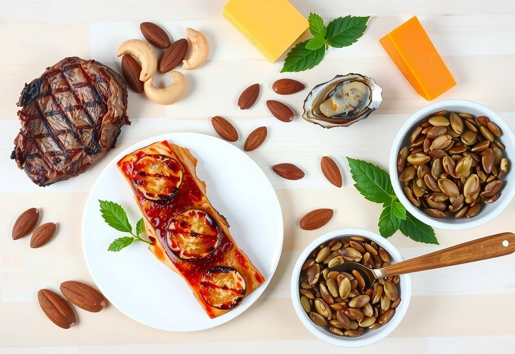 Ποικιλία τροφών πλούσιων σε ψευδάργυρο, όπως κόκκινο κρέας, ψάρια, ξηροί καρποί και όσπρια