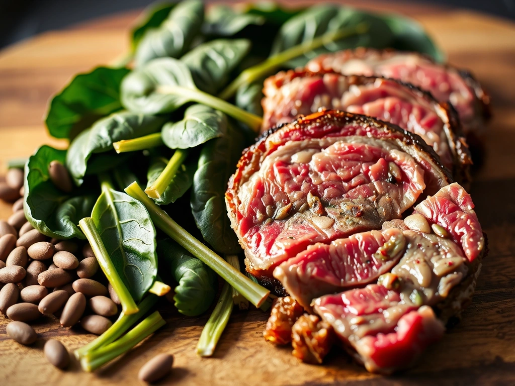 Εικόνα κόκκινου κρέατος και σπανάκι, πλούσιες πηγές σιδήρου