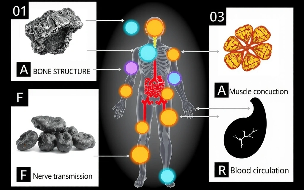 Εικονογράφηση ενός ανθρώπινου σώματος με φωτεινά σημεία που υποδεικνύουν τη σημασία των μετάλλων σε διάφορα όργανα και λειτουργίες, όπως τα οστά, οι μύες, ο εγκέφαλος και το αίμα. Χρησιμοποιούνται αφηρημένα, επιστημονικά γραφικά.